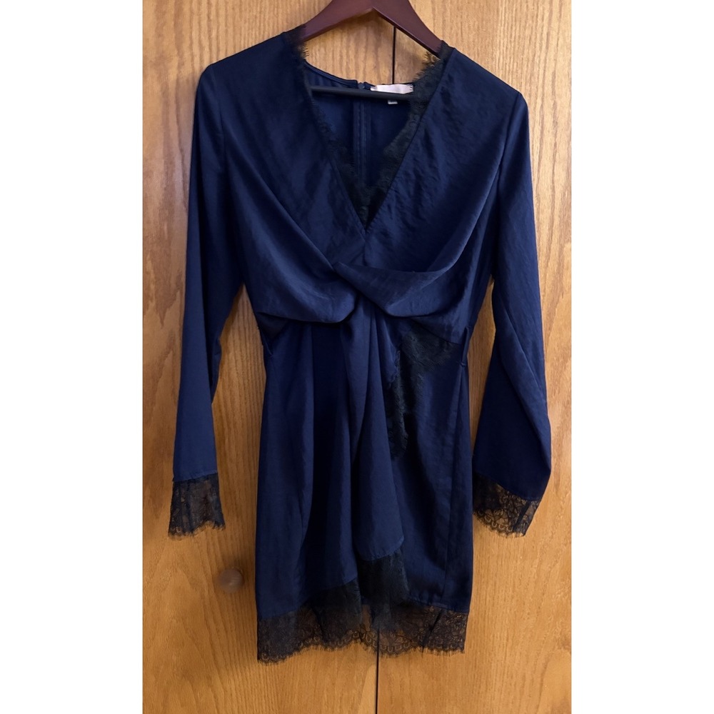 Missguided x Carli Bybel Dress Wm Sz 6 Navy Blue Satin Black Eyelash Lace Party